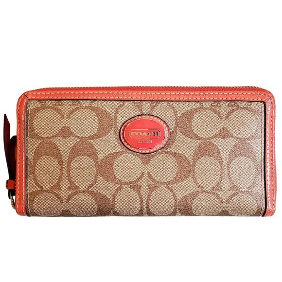COACH Peyton Zip Around Canvas Coated Monogram Wallet with Orange Patent Leather - Picture 1 of 5
